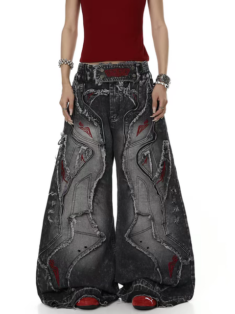 Raw-Edge Embroidered Distressed Jeans