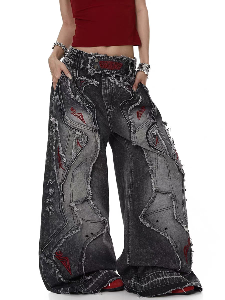 Raw-Edge Embroidered Distressed Jeans