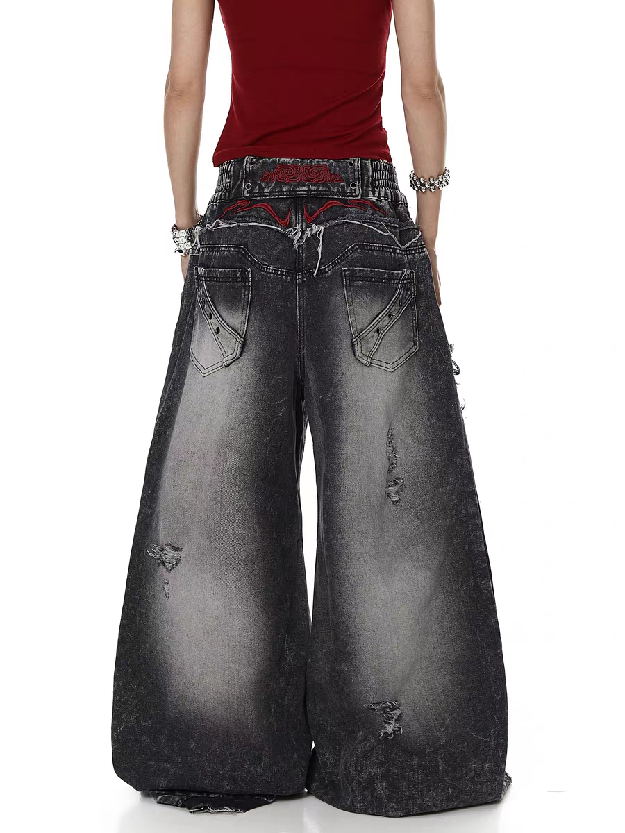 Raw-Edge Embroidered Distressed Jeans