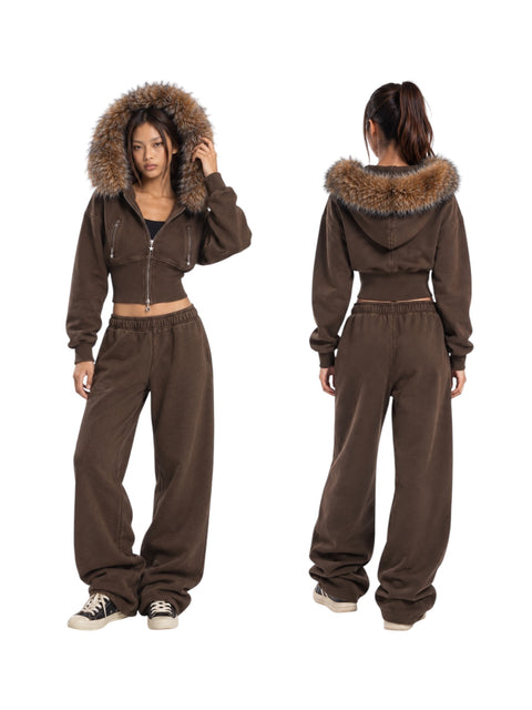 Sable Fur-Trim Cropped Hoodie Set