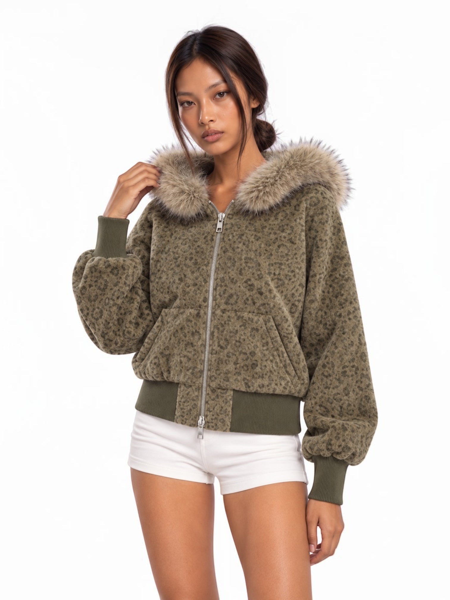 Maillard Leopard Faux-Fur Hood Jacket